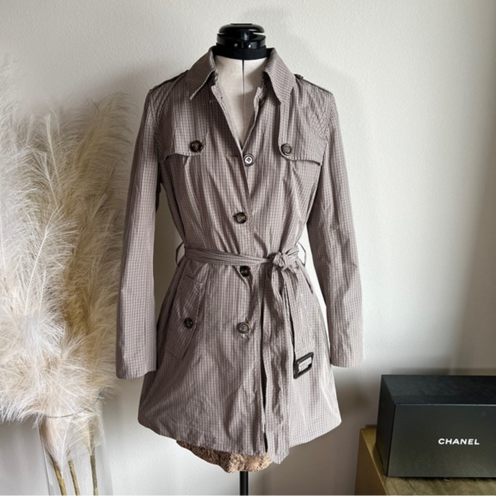 Banana Republic Checkered Neutral Plaid Tan Trench Coat
